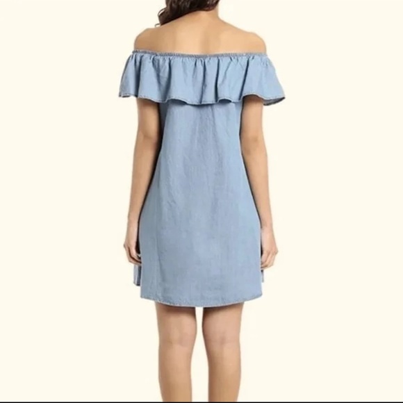 LOVE CULTURE OFF SHOULDER RUFFLE CHAMBRAY DRESS - Picture 2 of 7